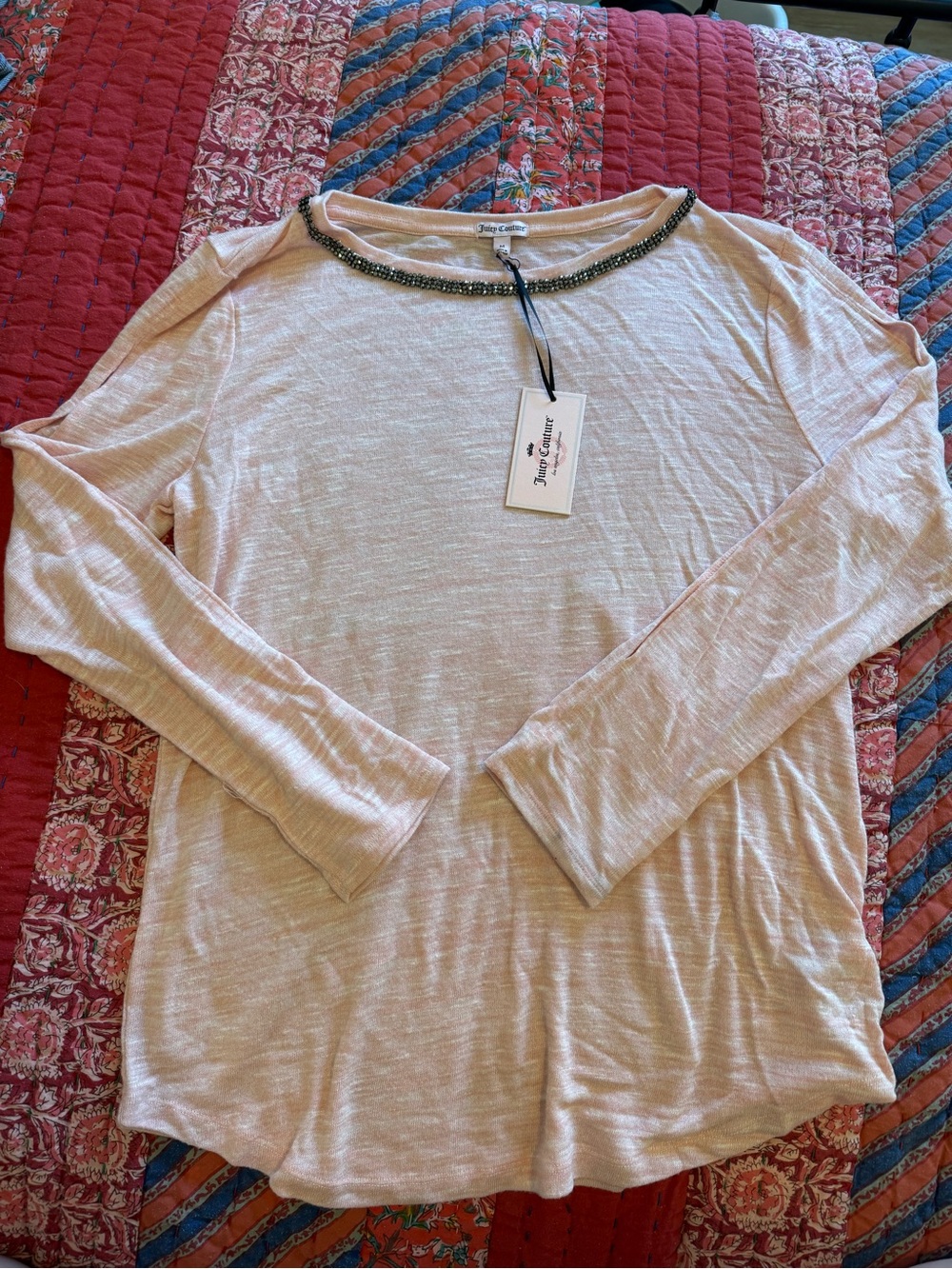 NWT Juicy Couture- Beaded Crewneck Long Sleeve Top - Light Blush/Pink